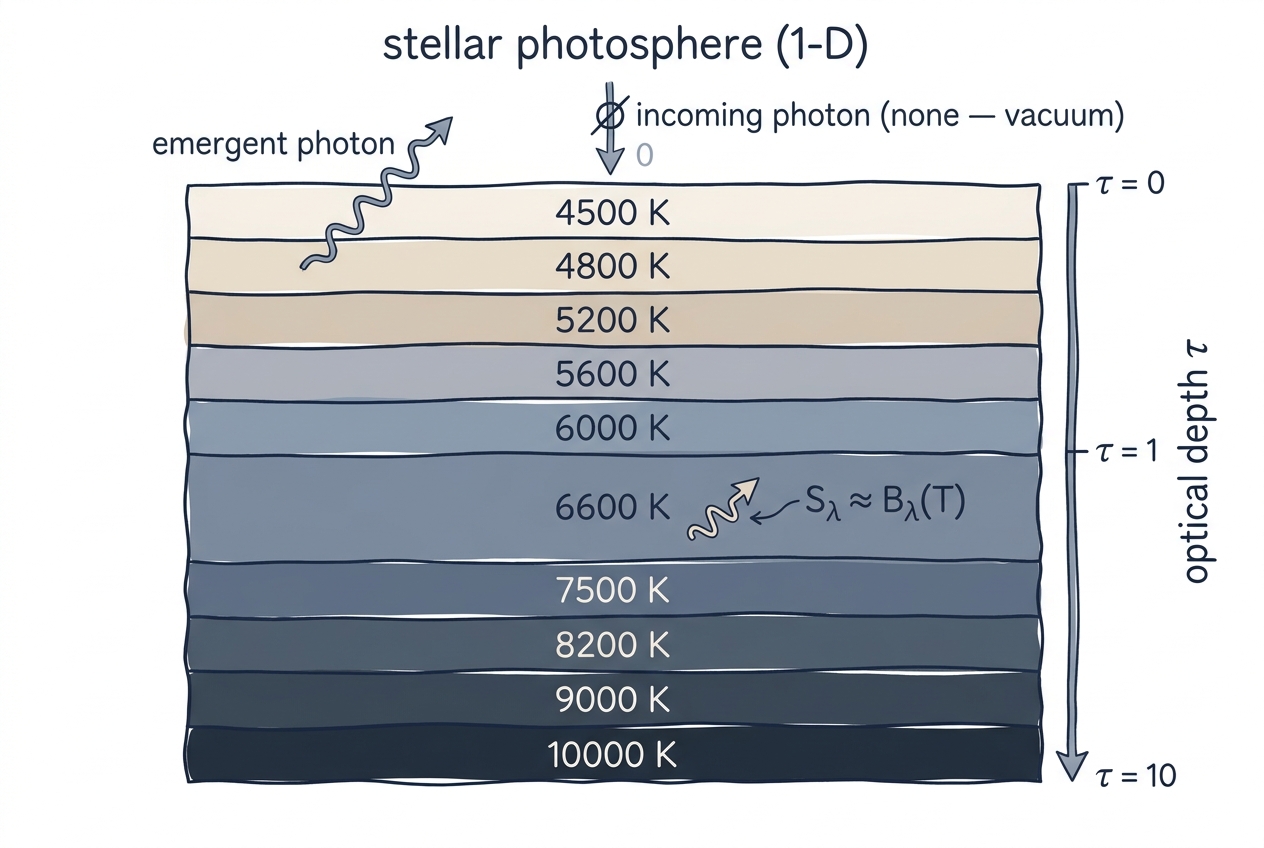 Sketch of a 1-D plane-parallel photosphere with optical depth axis