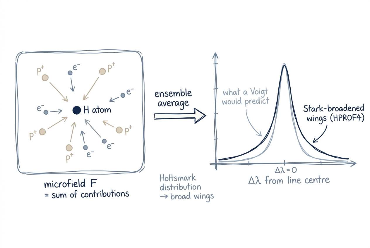 Microfield from neighbouring charges → Holtsmark distribution → broad Stark wings