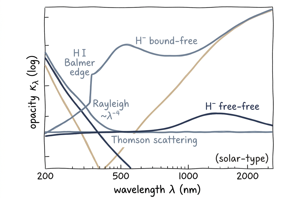 Schematic of the continuum opacity sources for a Sun-like photosphere