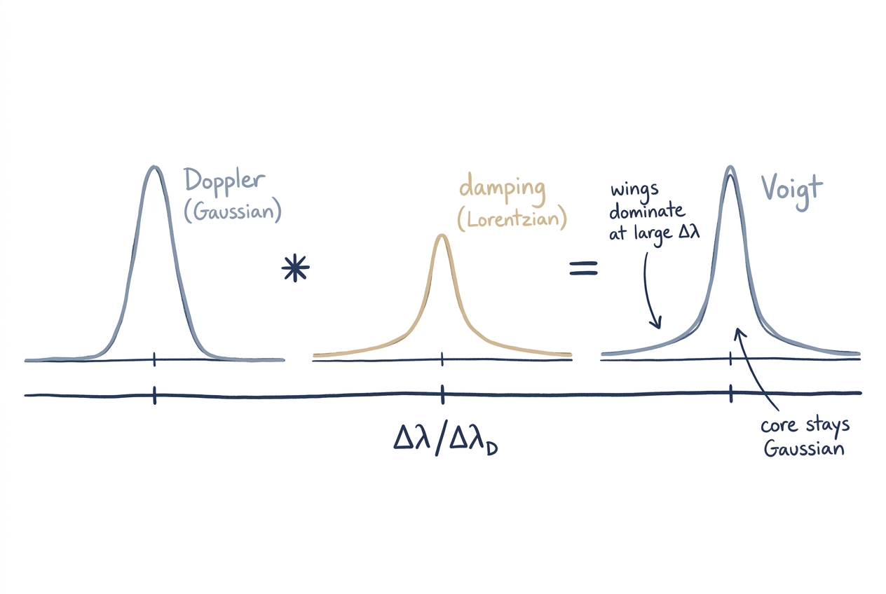 Voigt profile = Doppler Gaussian convolved with damping Lorentzian